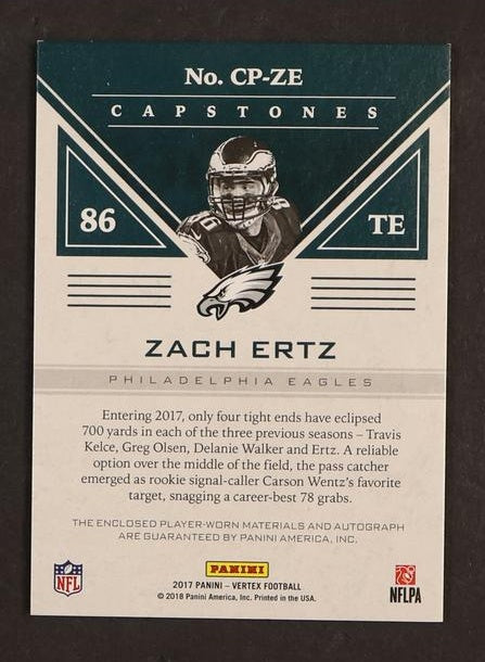 2017 Panini Vertex #CP-ZE Zach Ertz Capstones /49 Patch Auto