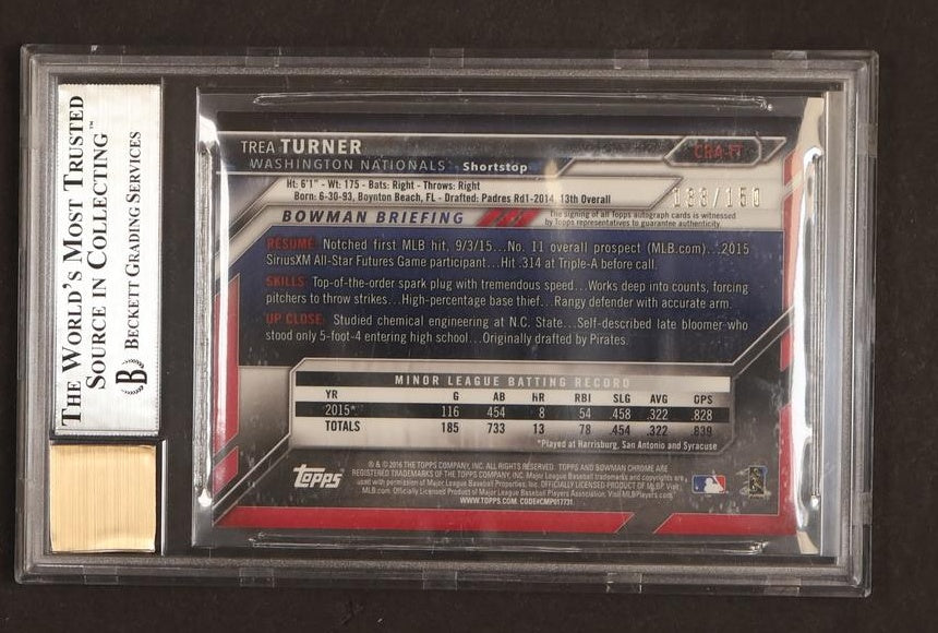 2016 Bowman Chrome Blue Refractor Trea Turner #CRATT RC Auto /150 BGS 9 Auto 10