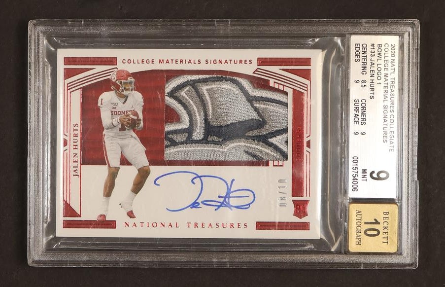 2020 Panini National Treasures 133 Jalen Hurts College Materials Signatures Rookie /10 Beckett 9 Auto