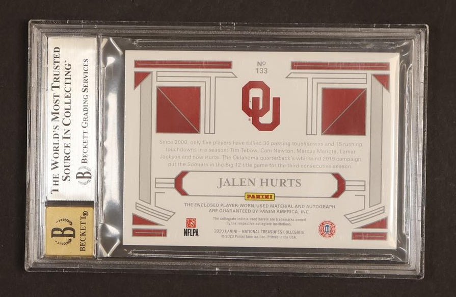 2020 Panini National Treasures 133 Jalen Hurts College Materials Signatures Rookie /10 Beckett 9 Auto