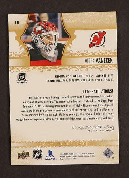2023 Upper Deck Company The Cup #18 Vitek Vanecek patch Auto /8