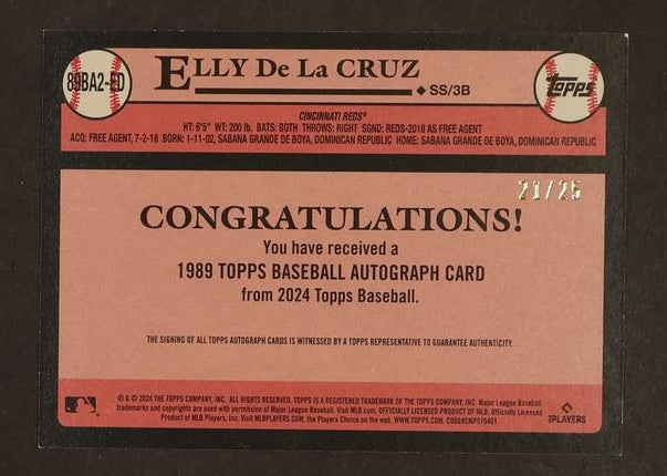 2024 Topps Elly De La Cruz 1989 Topps Baseball Red Rookie /75 Reds Auto