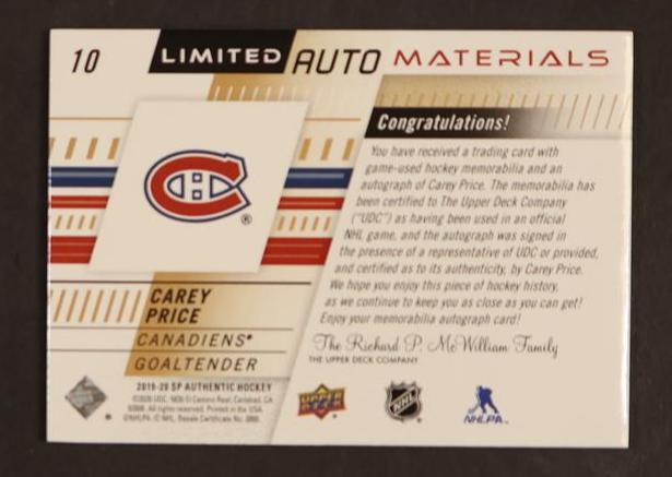2019 Upper Deck SP Authentic #10 Carey Price Limited Auto Materials /25