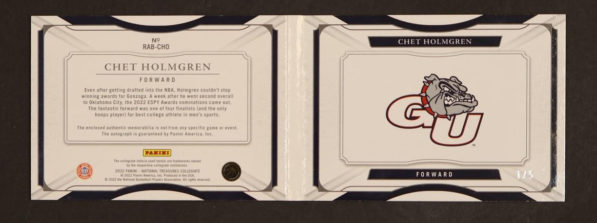 2022 National Treasures Collegiate Chet Holmgren Rookie Booklet Auto /5 