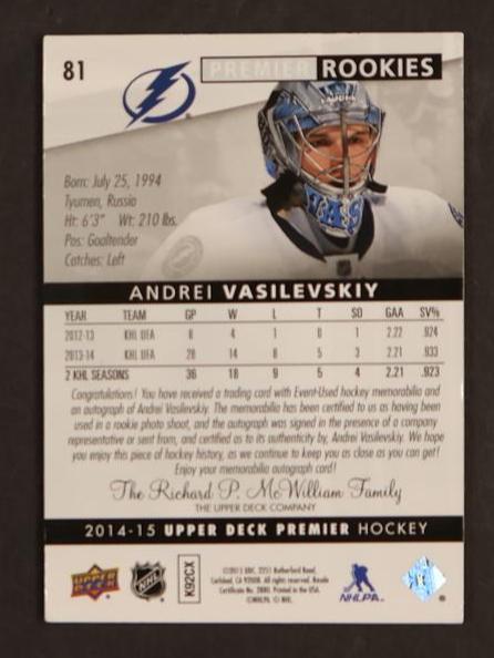 2014 Upper Deck Premier #81 Andrei Vasilevskiy RPA /25