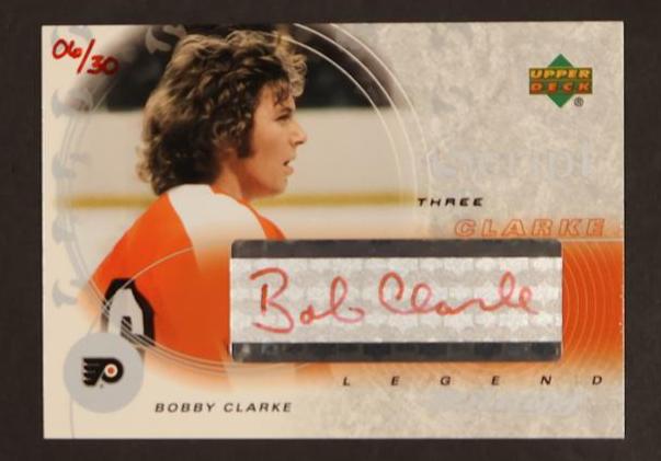 2003 Upper Deck Trilogy #S9-BC Bobby Clarke Script Auto Red /30 Hand Numbered