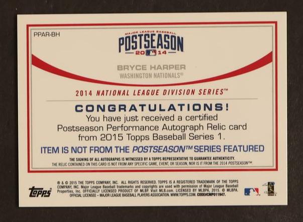 2015 Topps Series 1 Postseason Performance Bryce Harper #PPAR-BH Auto Relic /50