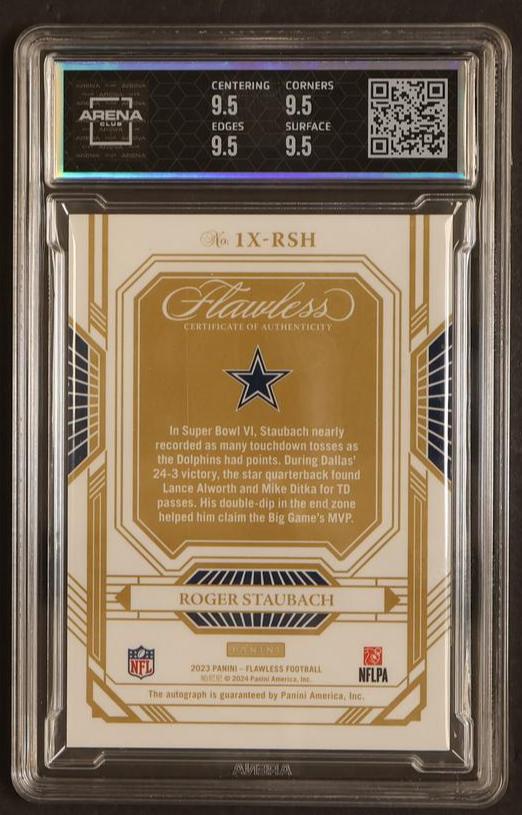 2023 Panini Flawless 1X-RSH Roger Staubach Champions Silver /20 Arena 9.5 Mint Cowboys Auto