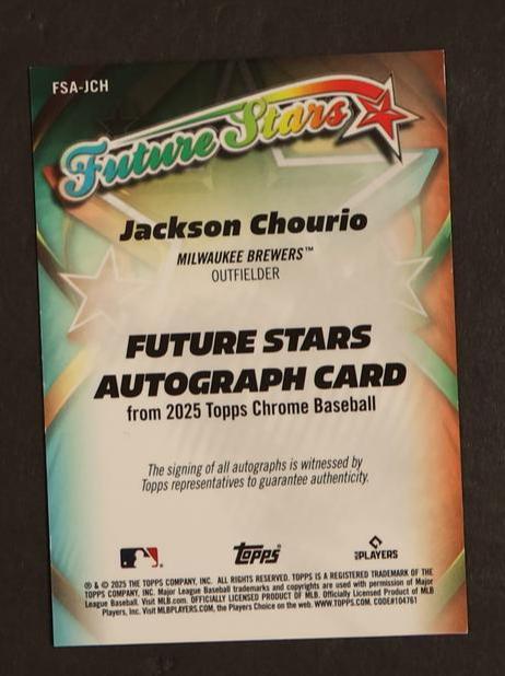 2025 Topps Chrome #FSA-JCH Jackson Chourio Future Stars Orange Auto /25