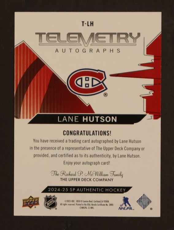 2024-25 Upper Deck SP Authentic Telemetry Autographs Lane Hutson #T-LH Auto