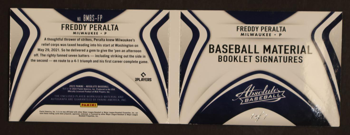 2022 Panini Absolute BMBS-FP Freddy Peralta Baseball Material Booklet Signatures 1/1 Milwaukee Auto