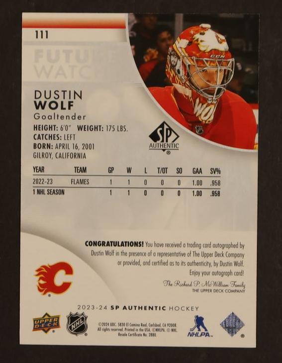 2024 Upper Deck SP Authentic #111 Dustin Wolf Future Watch Rookie Auto /999