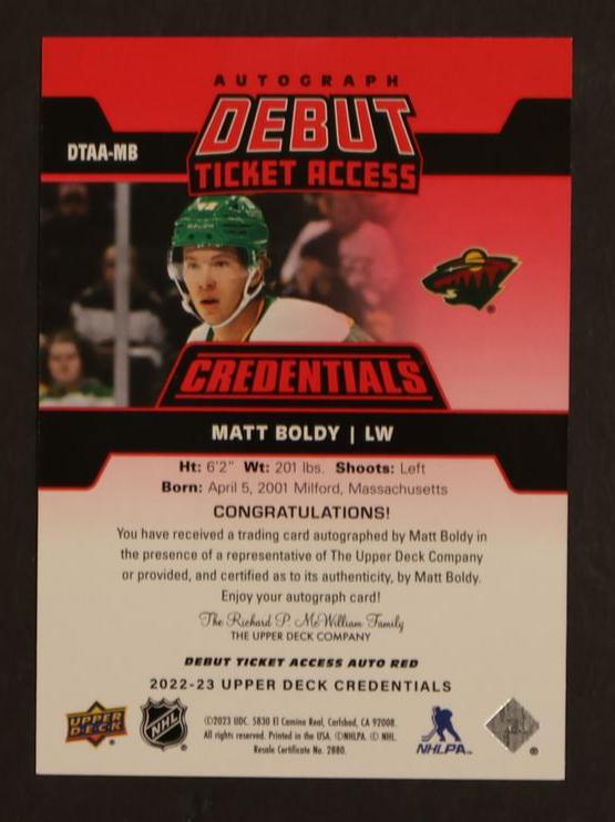 2023 Upper Deck Credentials Matt Boldy Debut Ticket Access Red Auto /49