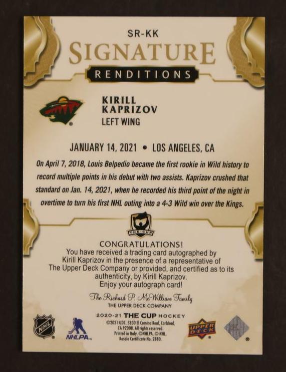 2020-21 Upper Deck The Cup Signature Renditions Kirill Kaprizov #SR-KK Auto