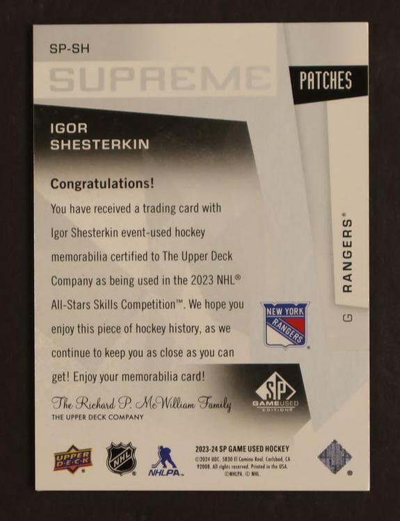 2023-24 Upper Deck SP Game Used Supreme Patches Igor Shesterkin #SP-SH Patch /15