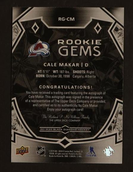 2019-20 Upper Deck Black Diamond Rookie Gems Cale Makar #RG-CM Auto /99