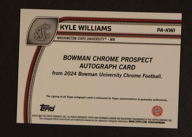 2024 Bowman Chrome #PA-KWI Kyle Williams 1st Green Auto /99