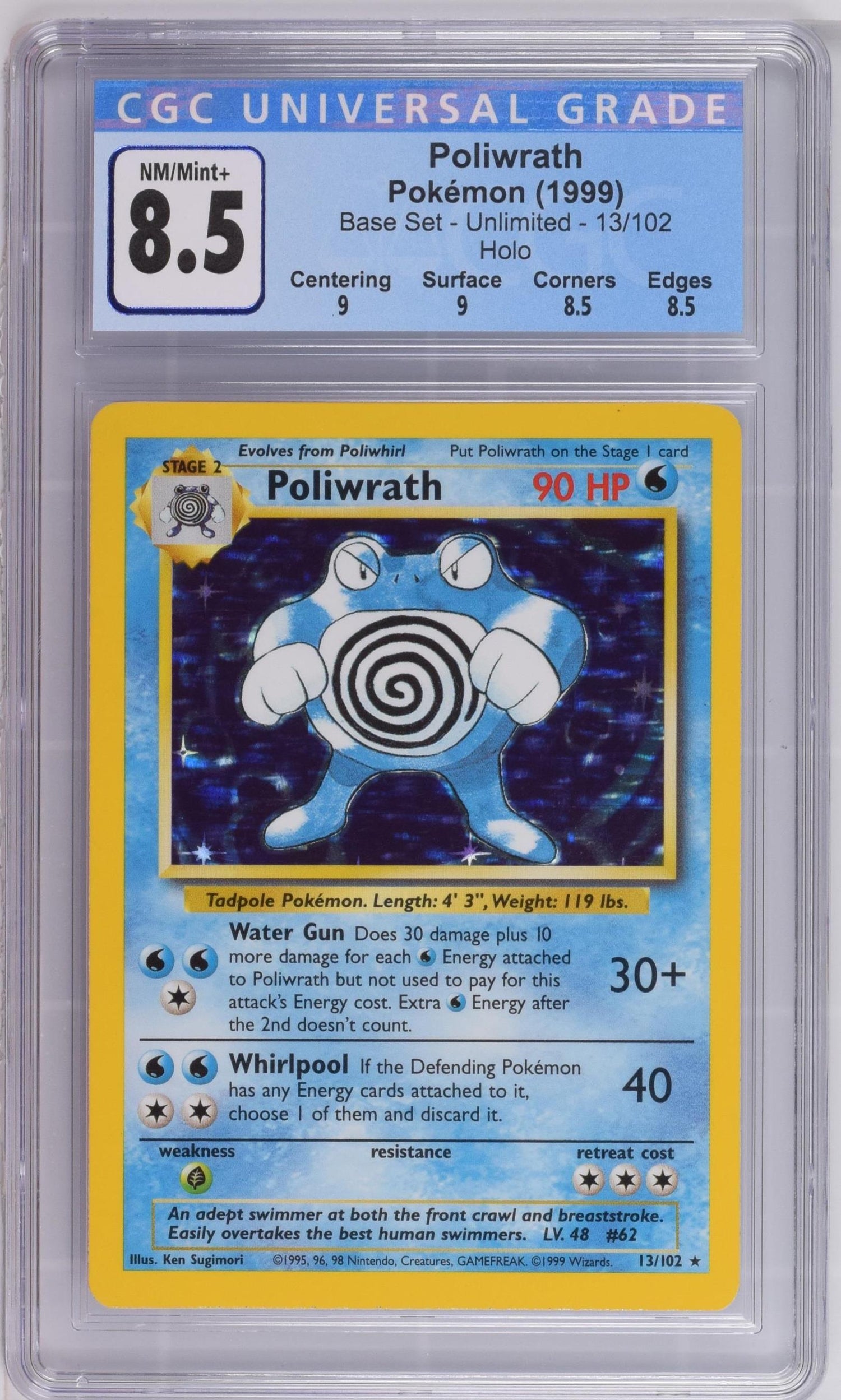 1999 Pokémon Base Set Unlimited Poliwrath #13/102 Holo CGC 8.5