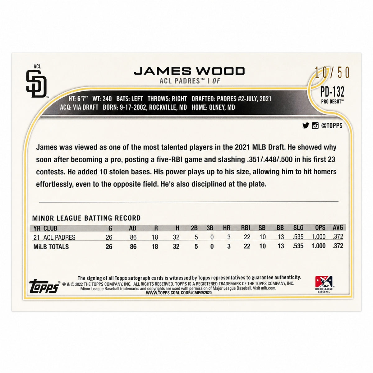 2022 Topps Pro Debut #PD-132 James Wood Pro Debut /50 Auto
