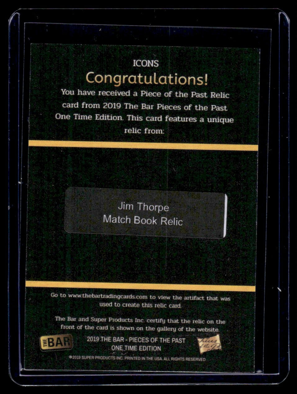 2019 The Bar Pieces of the Past Icons Jim Thorpe #NNO Matchbook Relic 1/1