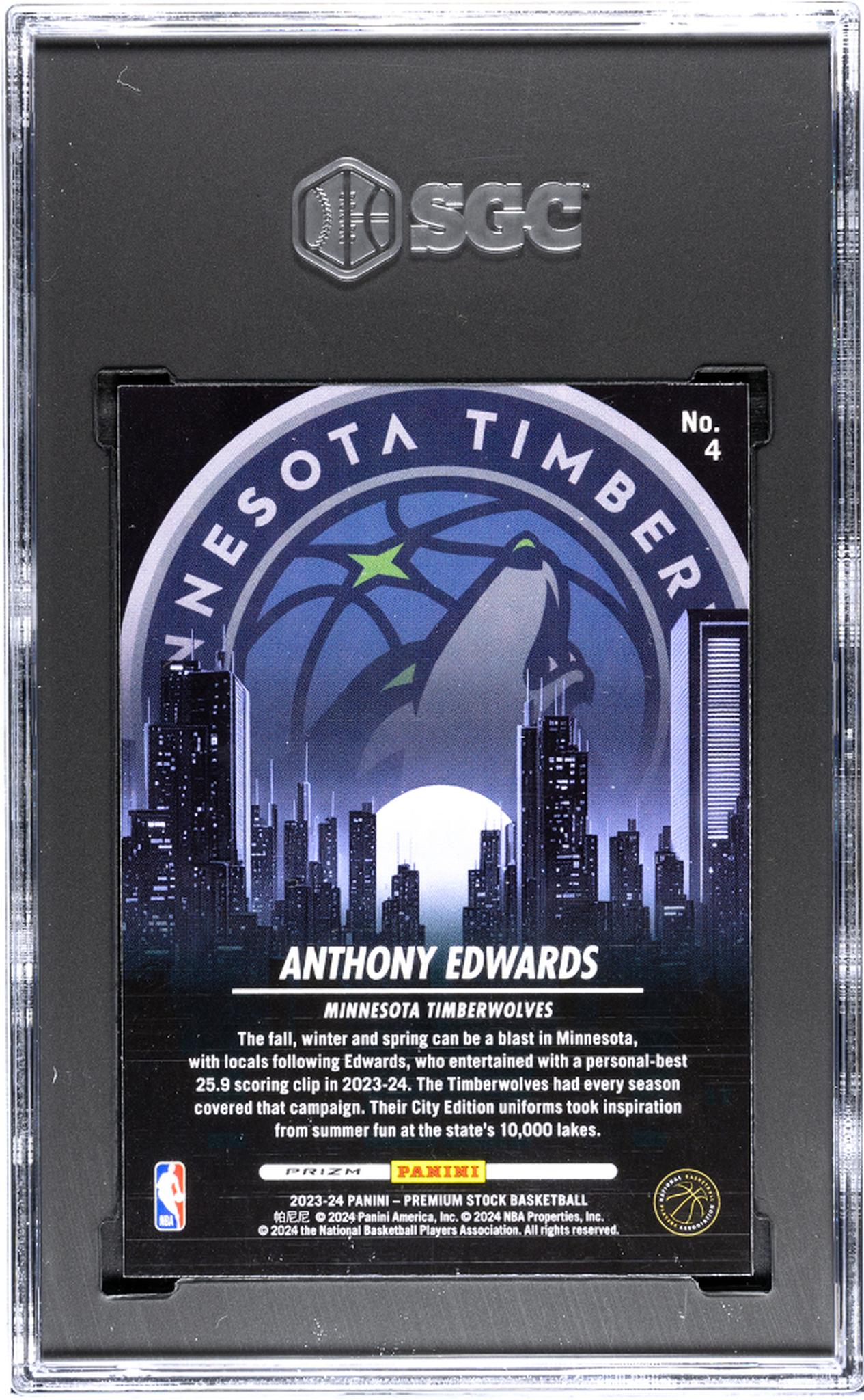 2023-24 Panini Hoops Premium Stock #4 Anthony Edwards City Ed. Silver Prizm SGC 10