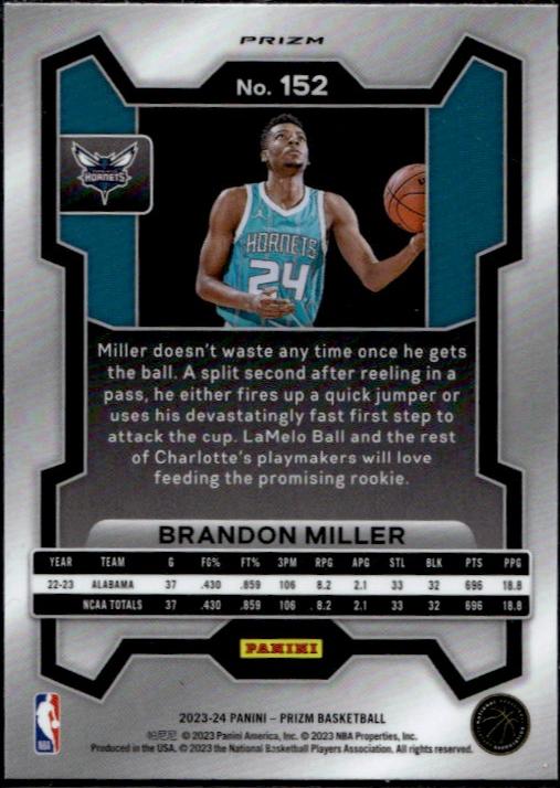 2023 Panini Prizm #152 Brandon Miller Pink Rookie Hornets