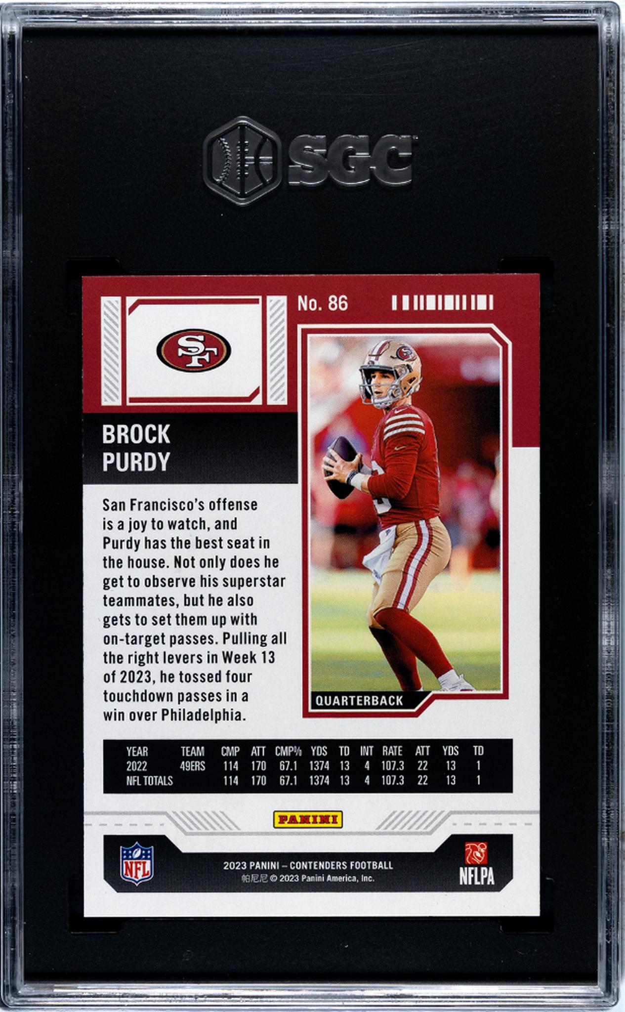 2023 Contenders #86 Brock Purdy Red Game Ticket SGC 8.5