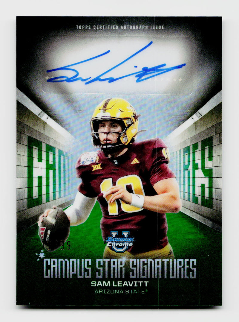 2025 Bowman Chrome U Sam Leavitt Campus Star Signatures Green Auto /99