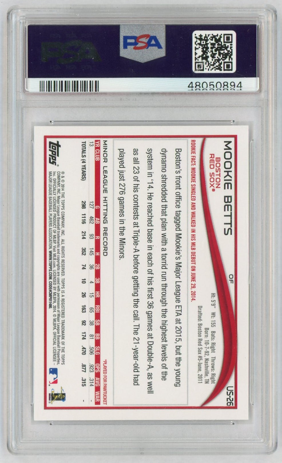 2014 Topps Update Batting Mookie Betts #US26A PSA 10