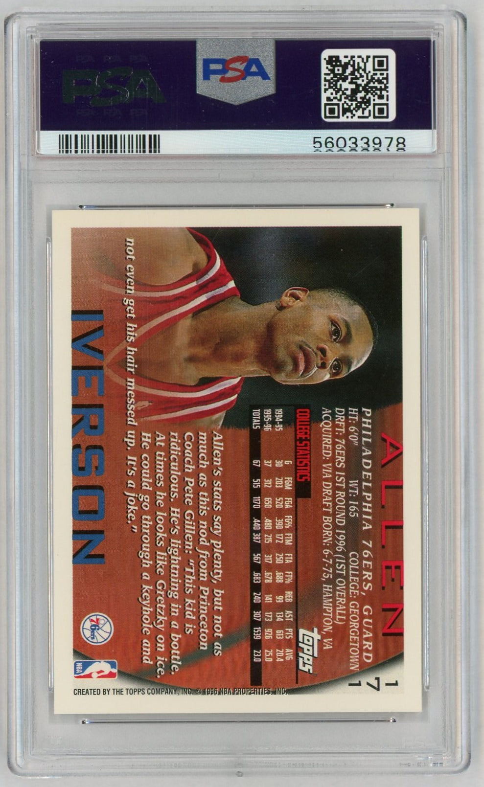 1996 Topps Allen Iverson #171 PSA 10