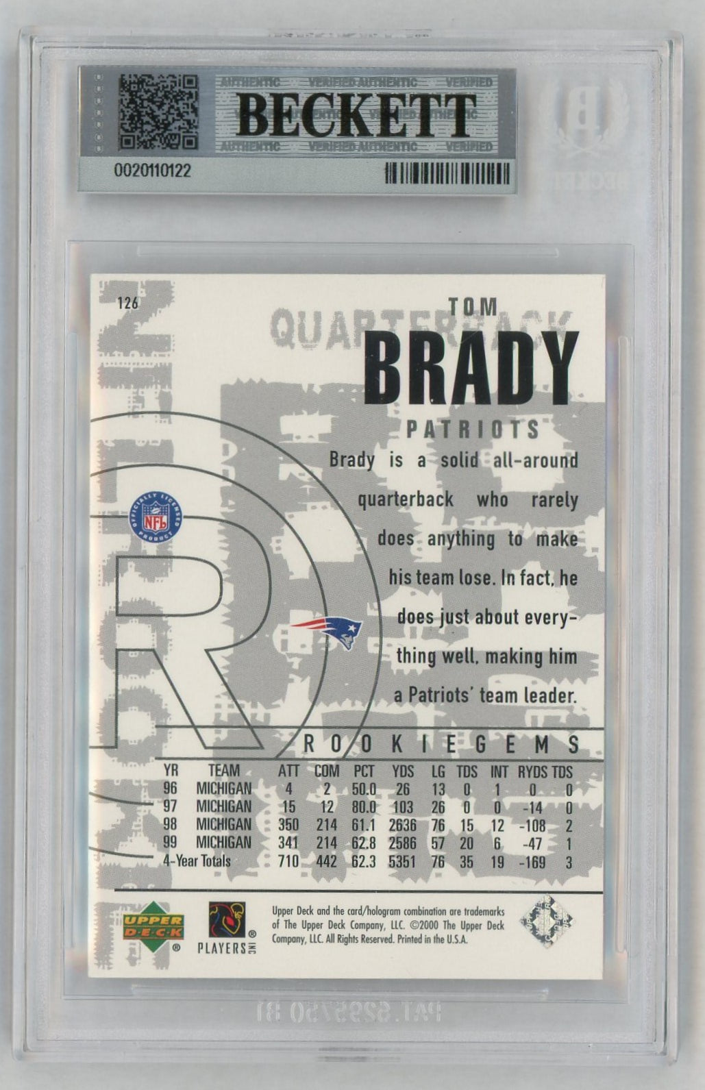 2000 Upper Deck Black Diamond Tom Brady #126 BGS 8.5