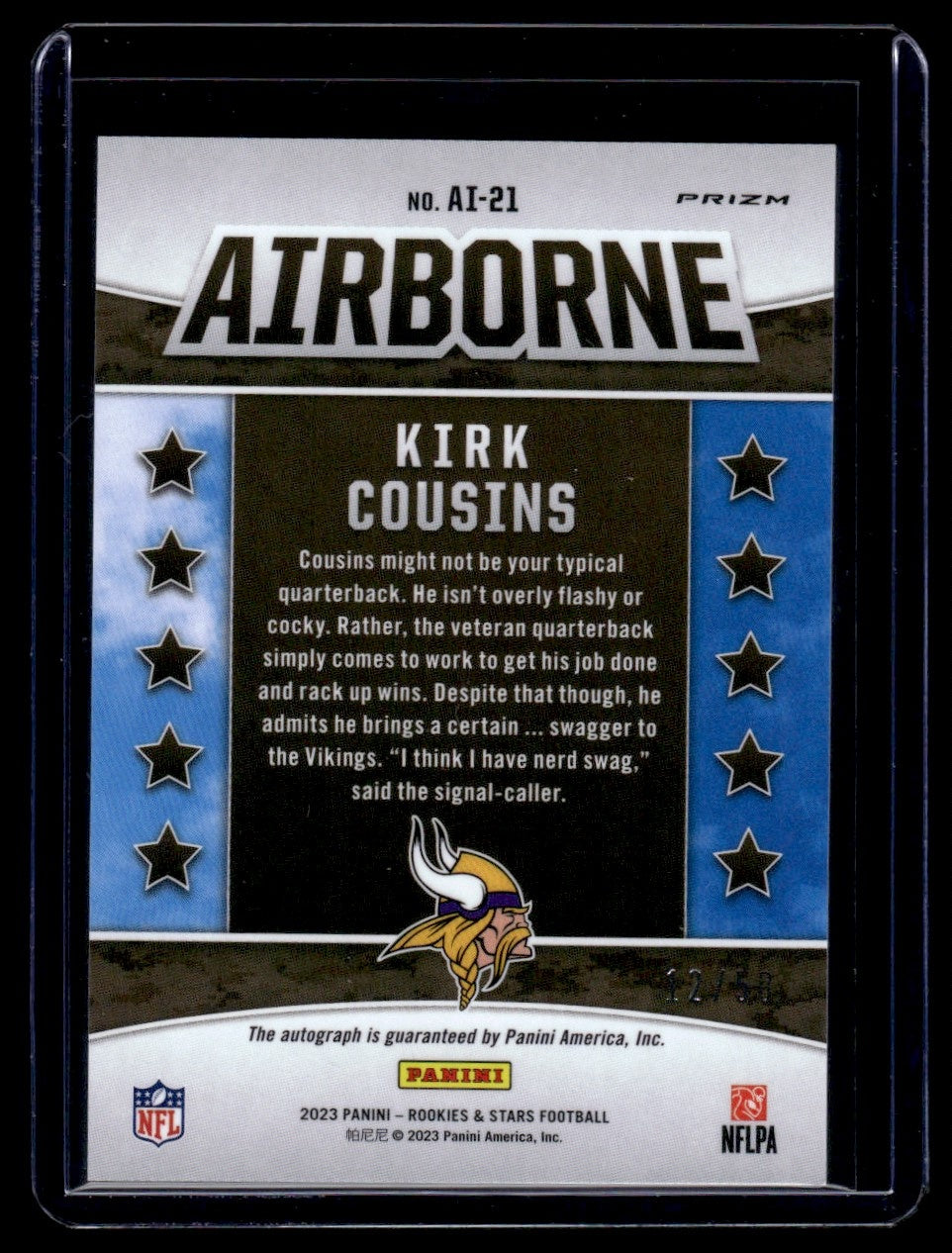 2023 Panini Rookies & Stars Airborne Prizm Kirk Cousins #AI-21 Auto /25