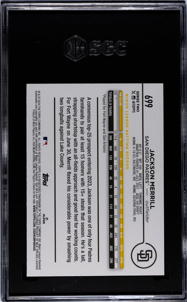 2024 Topps Series 2 SP Jackson Merrill #699 RC SGC 9.5