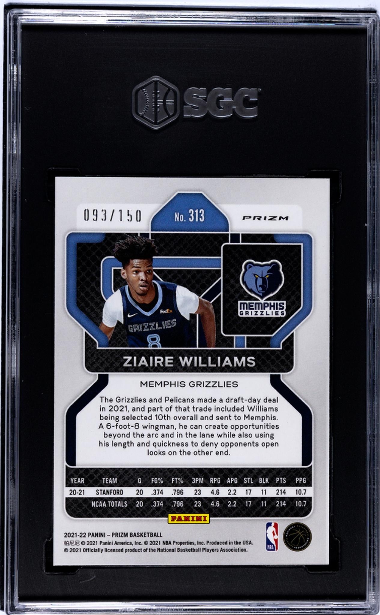 2021-22 Panini Prizm #313 Ziaire Williams Blue Fast Break Prizm 93/150 SGC 9