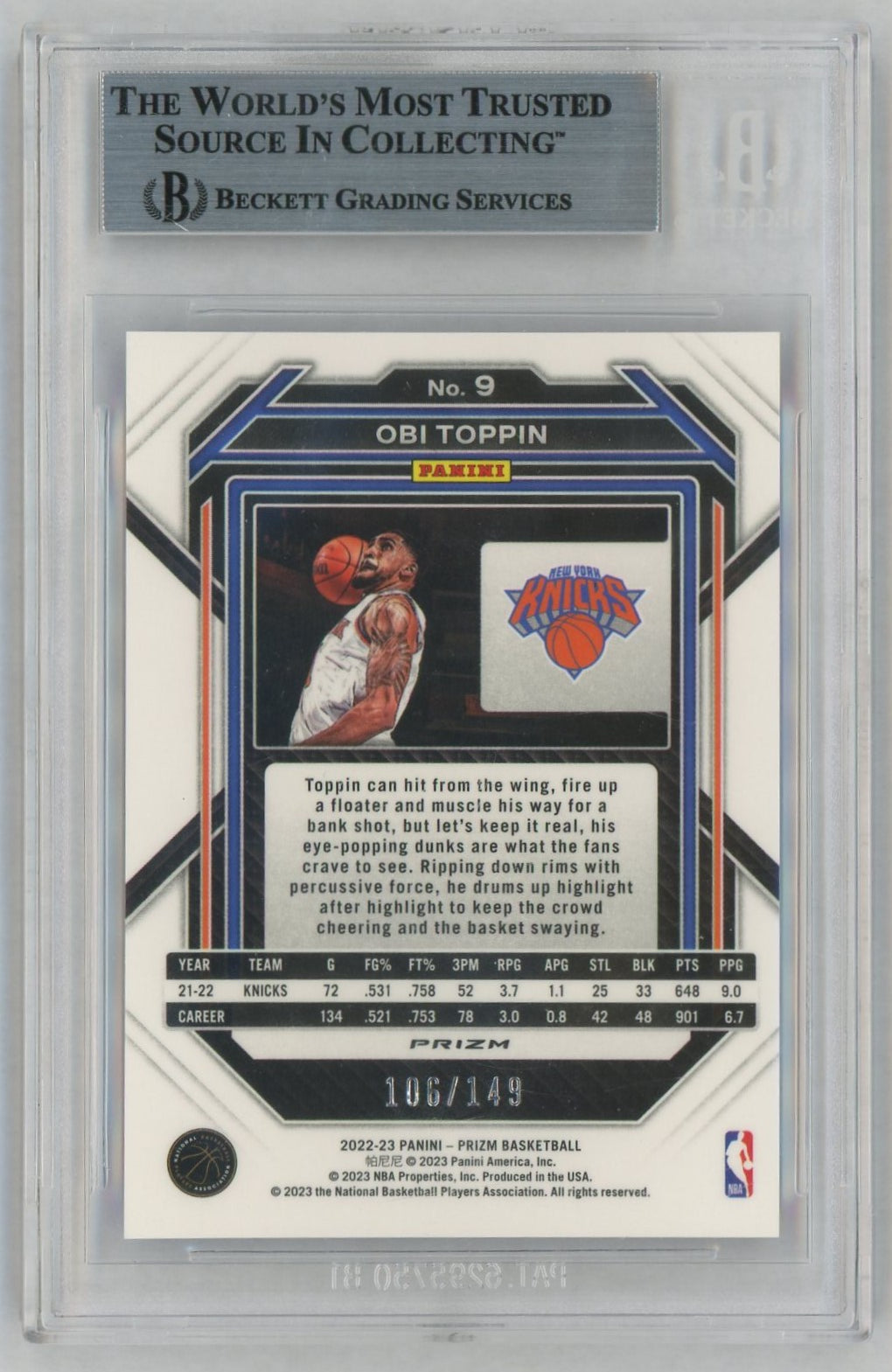 2022 Panini Prizm Prizms Purple Ice Obi Toppin #9 /149 BGS 8.5