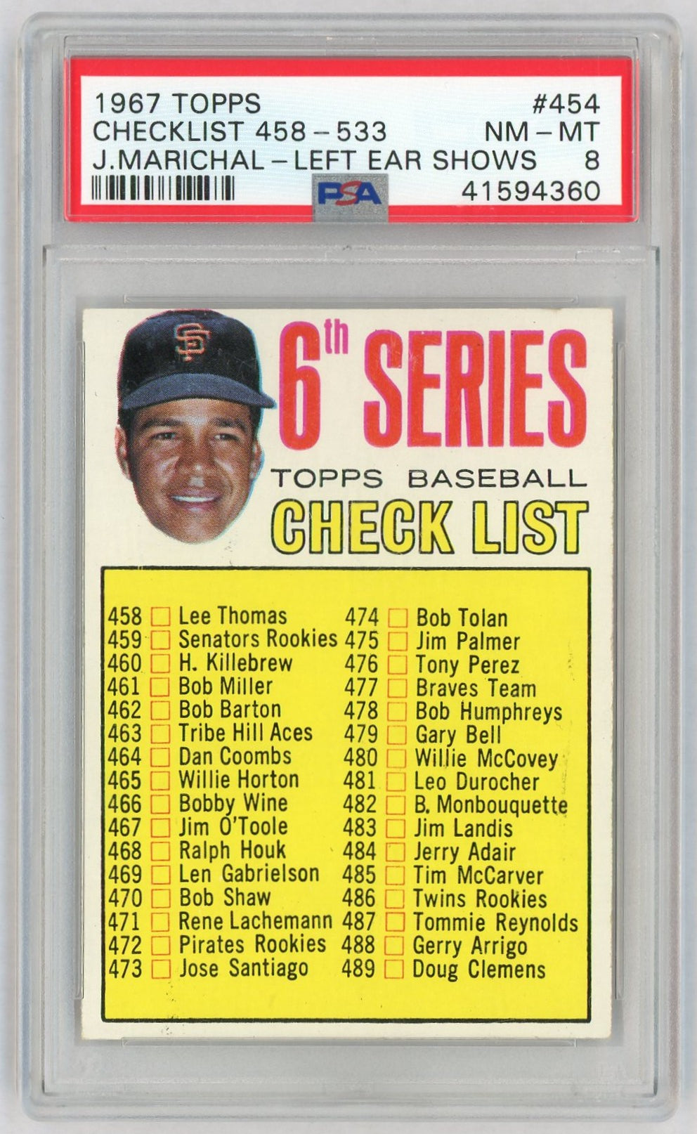 1967 Topps Juan Marichal Left Ear Showing Checklist 458-533 #454B PSA 8
