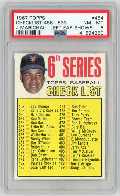 1967 Topps Juan Marichal Left Ear Showing Checklist 458-533 #454B PSA 8