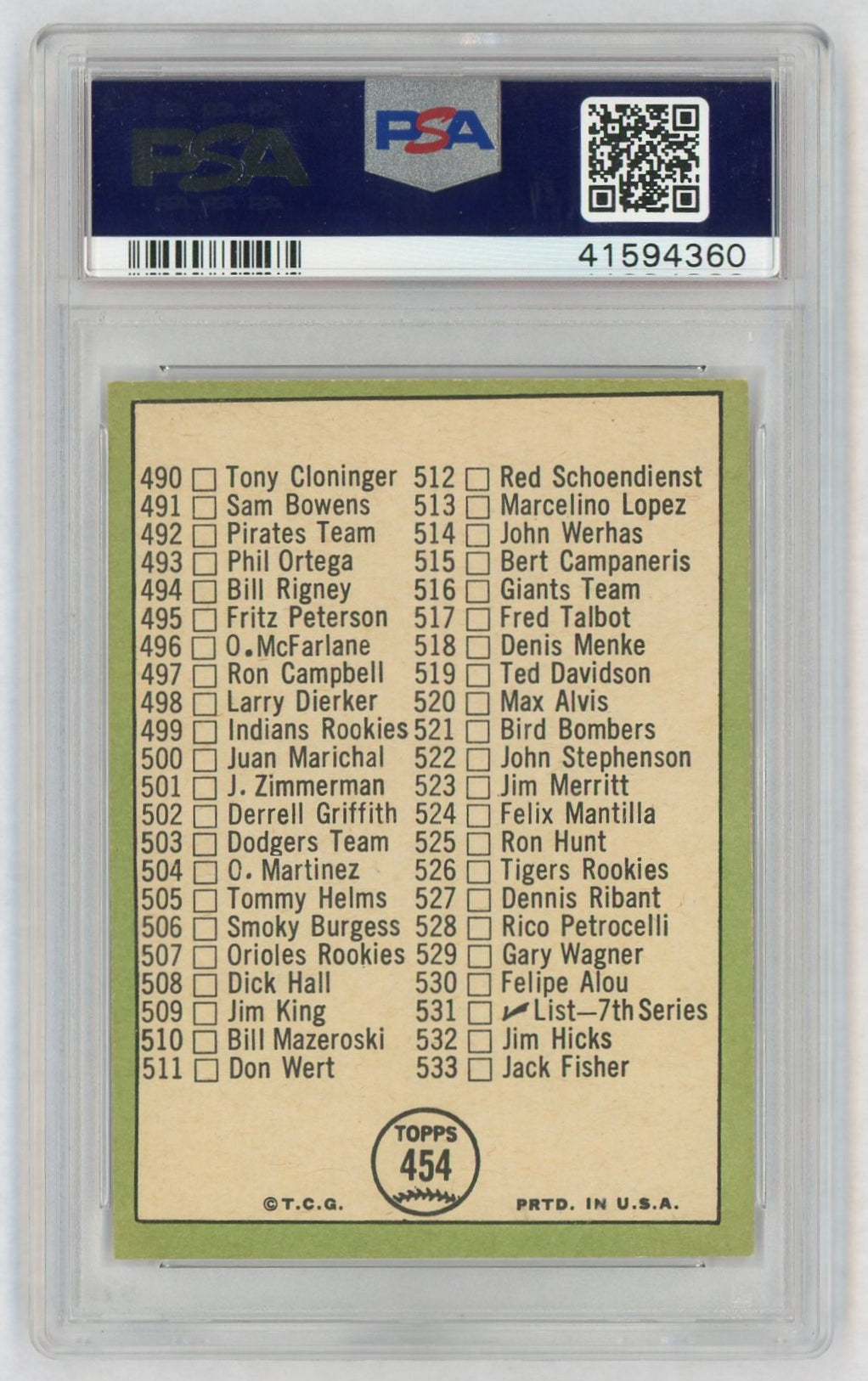 1967 Topps Juan Marichal Left Ear Showing Checklist 458-533 #454B PSA 8