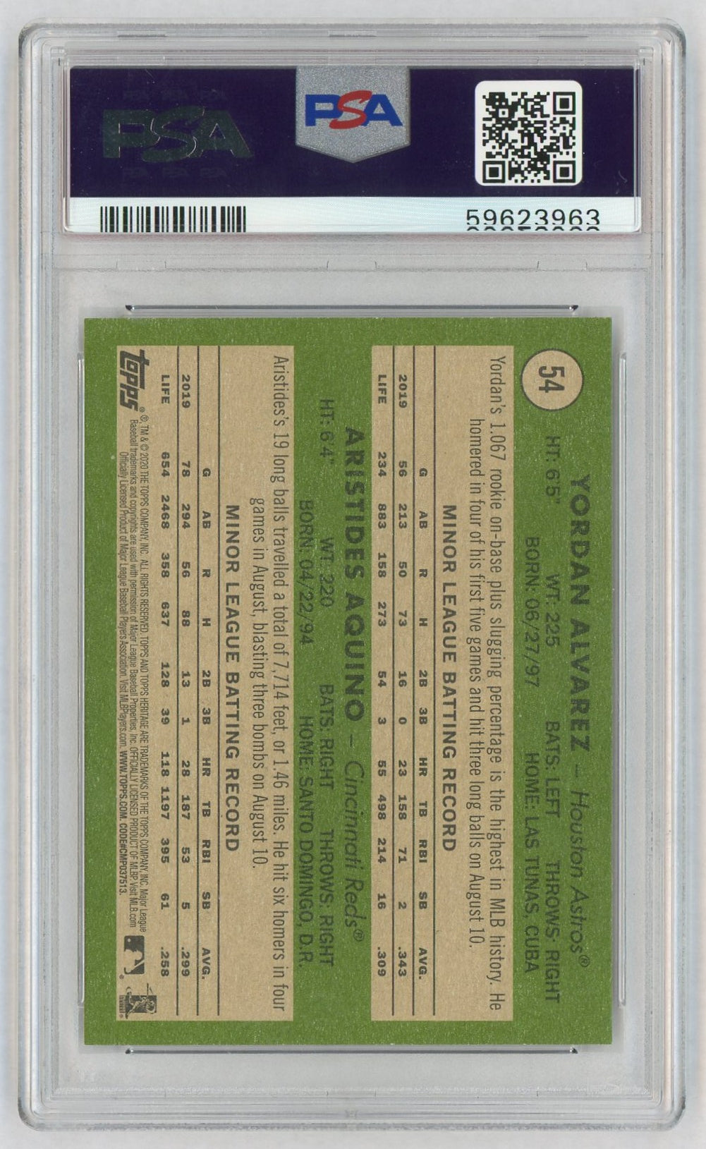 2020 Topps Heritage Aristides Aquino/Yordan Alvarez #54 PSA 10