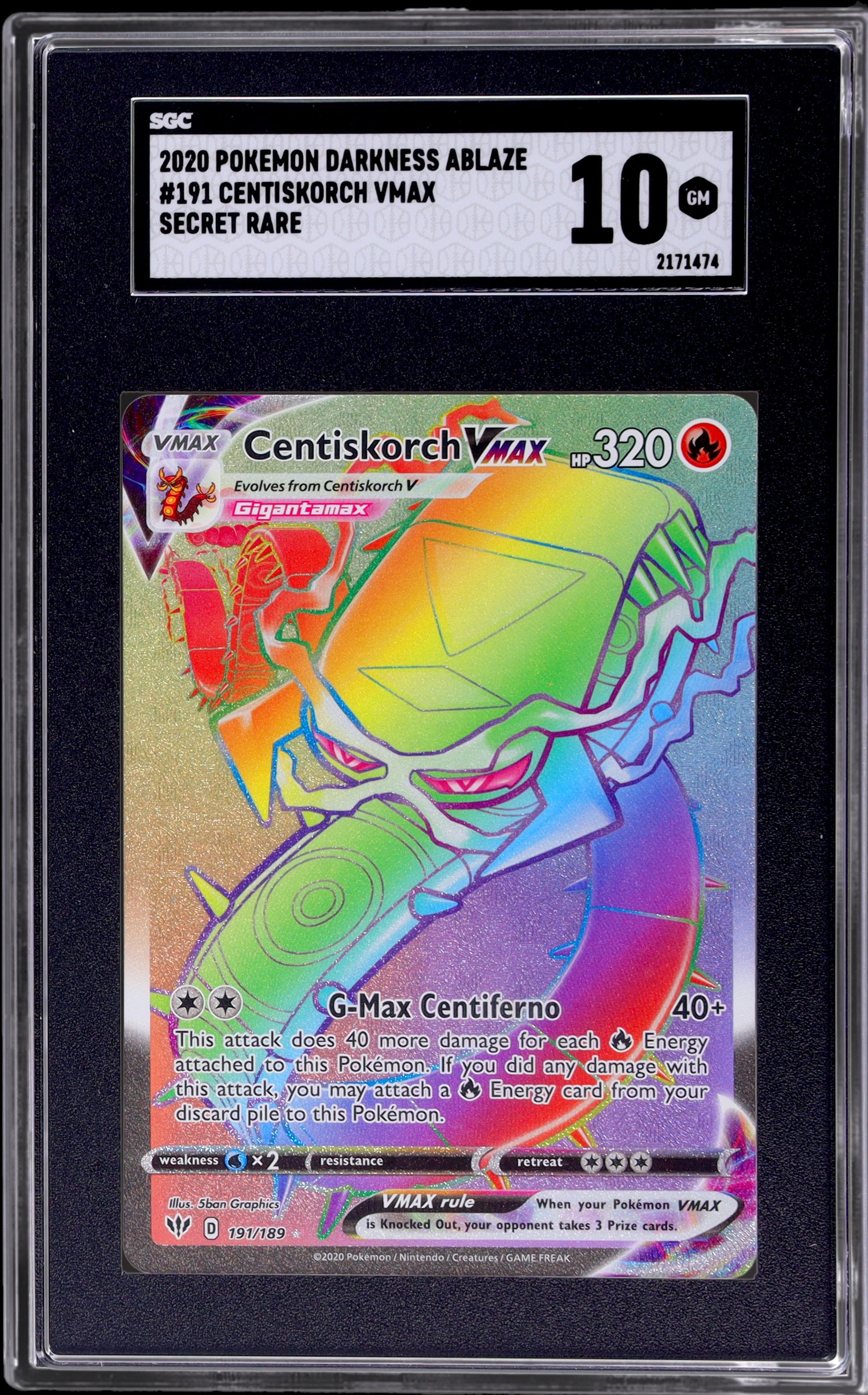2020 Pokemon Darkness Ablaze #191 Centiskorch Vmax Secret Rare SGC 10