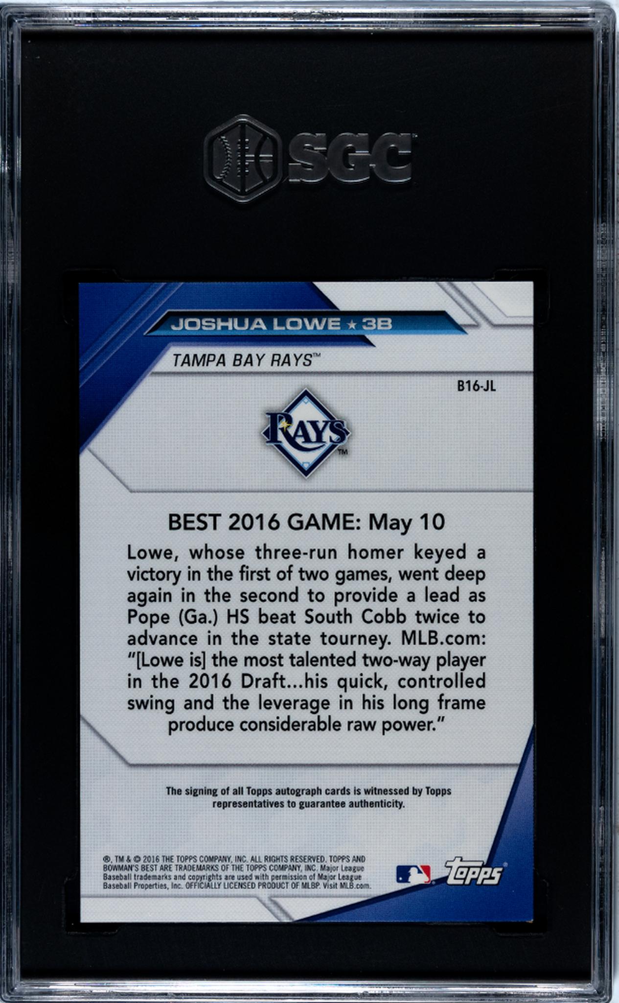 2016 Bowman's Best #B16-JL Joshua Lowe Best of '16 Autographed Auto SGC 9.5