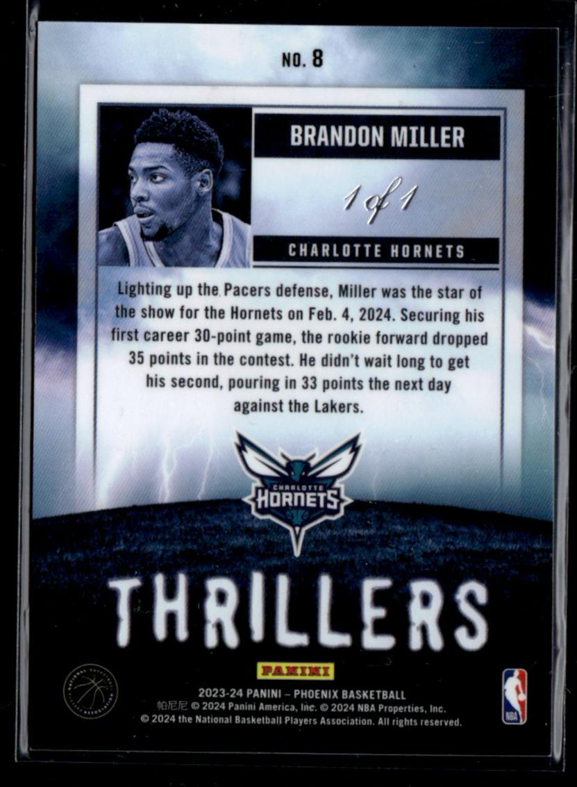 2023 Panini Phoenix 8 Brandon Miller Thrillers Rookie 1/1 Charlotte Hornets