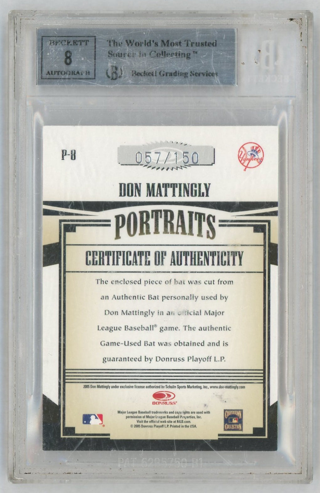 2005 Prime Patches Portraits Autograph Bat Don Mattingly #8 /150 BGS 9