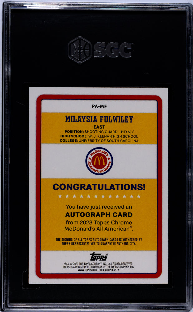 2023 Topps Chrome McDonald's All-American Milaysia Fulwiley #PA-MF Auto SGC 9.5 Auto 10