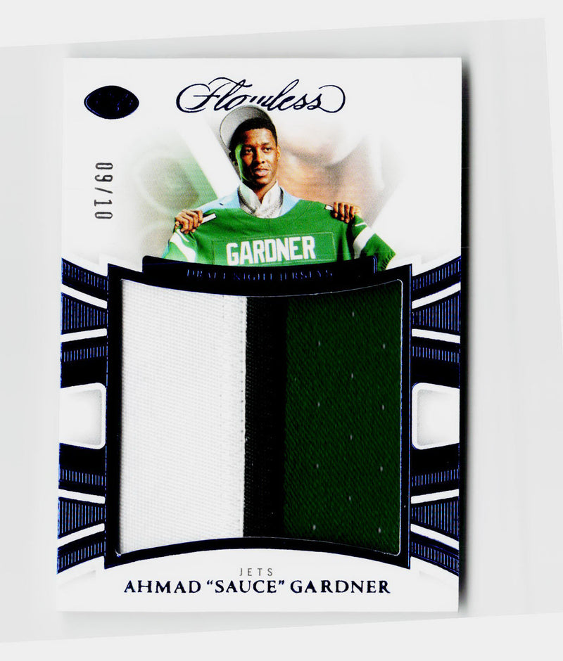2025 Panini Flawless Ahmad "Sauce" Gardner #FDNJ-AGR Draft Night Used Jerseys Jumbo 3-Color Patch Sapphire SSP /10
