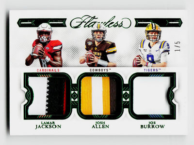 2023 Panini Flawless Collegiate Lamar Jackson/Josh Allen/Joe Burrow #LP-JAB Triple Memorabilia Patch Emerald SSP /5