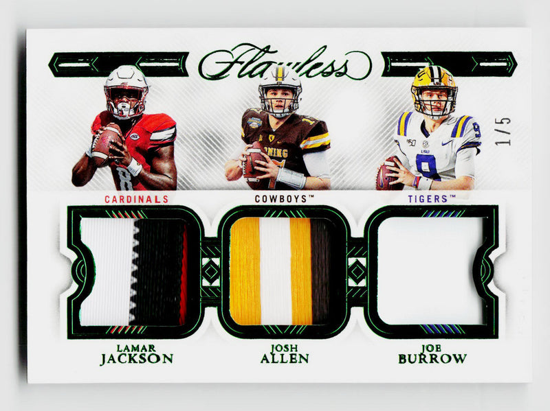 2023 Panini Flawless Collegiate Lamar Jackson/Josh Allen/Joe Burrow #LP-JAB Triple Memorabilia Patch Emerald SSP /5