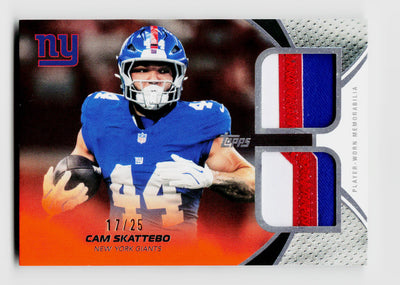 2026 Topps Flagship Cam Skattebo #MDR-CS NFL Material Dual 3-Color Player-Worn Relic Patch Orange SSP /25