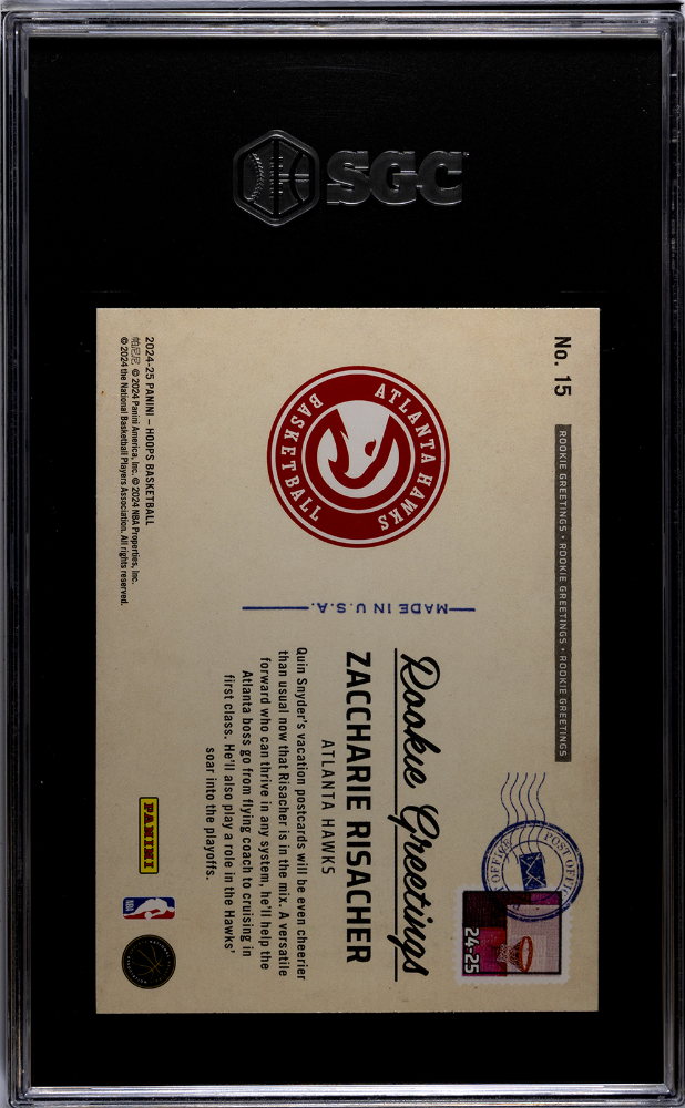 2024-25 Panini Hoops #15 Zaccharie Risacher Rookie Greetings SGC 10