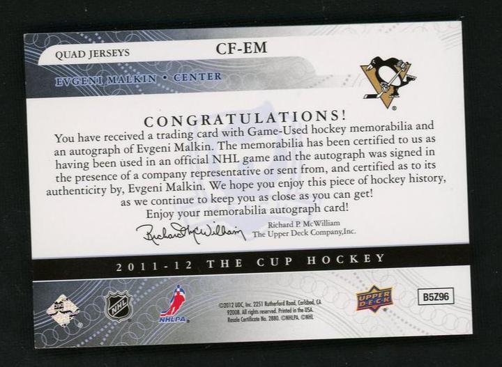 2011 Upper Deck The Cup CF-EM Evgeni Malkin Champions /15 Penguins Auto